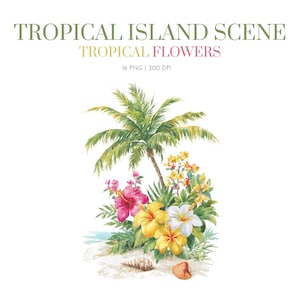 Tropical Island Clipart, Tropical flower,Seashell floral Clipart,Watercolor Seashell and Tropical flower Clipart, Watercolor tropical island
