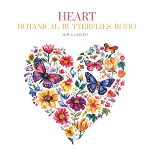 Heart Butterfly Botanical flowers Clipart, Wildflowers, Butterfly Boho floral clipart, Butterfly floral clipart, Butterfly flowers heart png