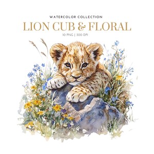 Cucciolo di leone. Clipart di piccoli animali ad acquerello, cuccioli di leone, leone carino, Africa, leone floreale, cucciolo, carino, arte per bambini, baby shower, bambino, bambina
