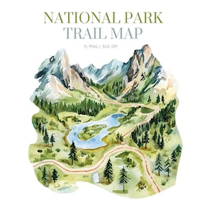 May include: Watercolor illustration of a National Park Trail Map. The map features a winding trail, a blue river, and green trees set against a backdrop of mountains. The text "NATIONAL PARK TRAIL MAP" is at the top.