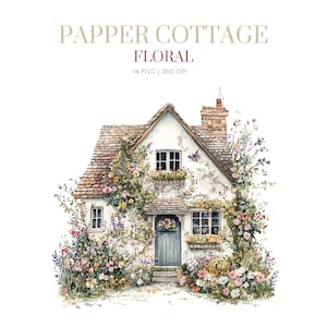 Floral de casa de campo de papel, Flor de casa de campo, Casa de flores, Clipart de casa de campo floral pequena, Cottagecore, Clipart de casa, Clipart de casa de campo, Clipart de jardim