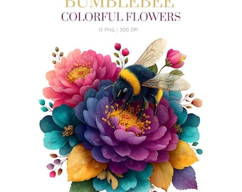 Hummel mit bunten Blumen Clipart, Hummel Blume, Aquarell Hummel, Hummel mit Blumen Clipart, Tiere Blumen, Biene Clipart