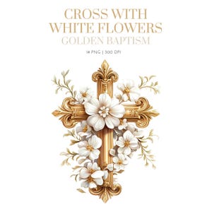 May include: A golden cross adorned with white flowers and green foliage. The cross features ornate detailing and is surrounded by delicate blossoms. The text at the top reads "CROSS WITH WHITE FLOWERS GOLDEN BAPTISM".