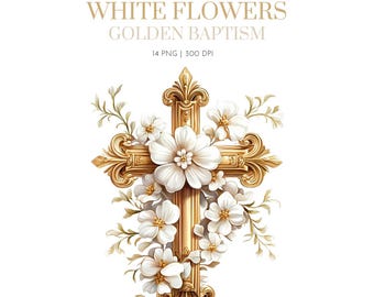 Watercolor White floral cross clipart, Religious clipart, Baptism cross, First Communion clipart,  Cross Baptism Clipart, Floral Cross png