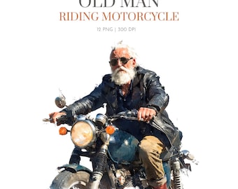 Imágenes prediseñadas de acuarela de motociclistas mayores, imágenes de motociclistas, gráficos de motociclistas entusiastas de la carretera, imágenes prediseñadas de un anciano en motocicleta, club de motociclistas