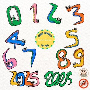 Cobra número Clipart l Artesãos de números l Criação de cartões l 36 PNG l Cobra fofa l Desenhado à mão I Colorido l Uso comercial I Download digital