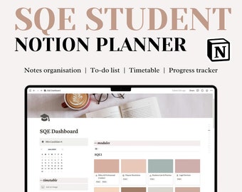 May include: A laptop screen displaying a Notion page titled "SQE Dashboard". The page is organized with sections for "modules", "timetable", and "exams". The modules section lists different SQE modules, including "Ethics & Professional Conduct", "Dispute Resolution", "Business Law & Practice", and "Legal Services". The timetable section shows a calendar with dates and events. The exams section includes a checkbox for "SQEI FLKI - 13 January 2025".