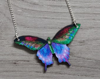 Vibrant Butterfly Necklace, Wooden Butterfly, Illustration Pendant, Animal Necklace, Wood Jewelry