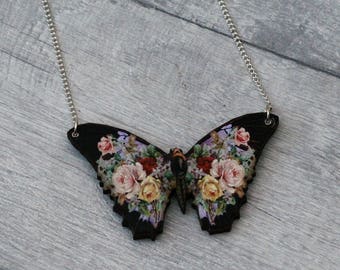 Black Floral Butterfly Necklace, Flower Butterfly, Wooden Butterfly, Illustration Pendant, Animal Necklace, Wood Jewelry