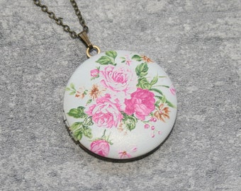 Pink Flower Locket Necklace, Floral Necklace, Flower Locket Necklace