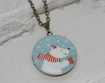 Christmas Locket Necklace, Polar Bear Necklace, Woodland Jewelry