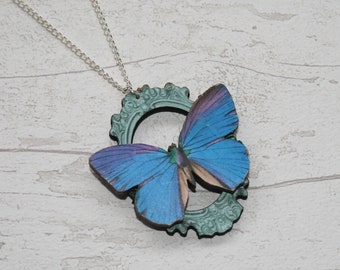 OOAK Blue Butterfly Necklace, Wooden Butterfly, Illustration Pendant, Animal Necklace, Wood Jewelry