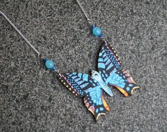 OOAK Blue Butterfly Necklace, Wooden Butterfly, Illustration Pendant, Animal Necklace, Wood Jewelry