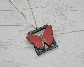 OOAK Red Butterfly Necklace, Wooden Butterfly, Illustration Pendant, Animal Necklace, Wood Jewelry