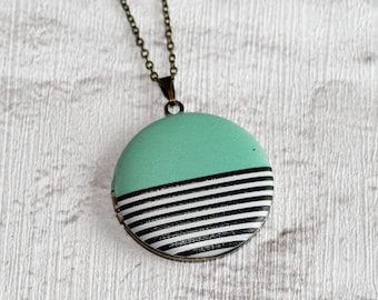 Geometric Locket Necklace, Mint Green Striped Necklace, Statement Jewelry