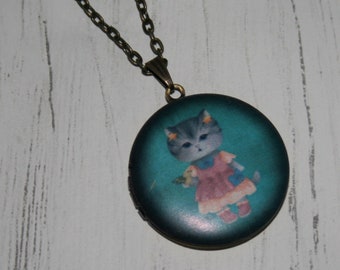 Katze Medaillon Halskette, Kätzchen Halskette, Wald Schmuck