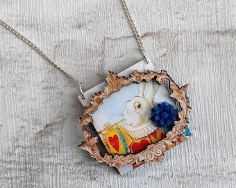 Alice in Wonderland Necklace, Herald Rabbit Necklace, Tenniel Illustration, Statement Necklace, Altered Art, Mixed Media