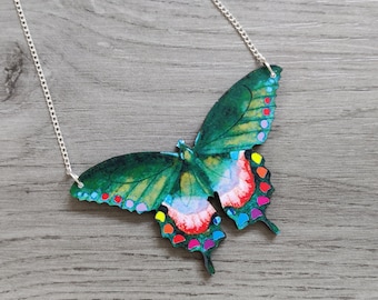 Vibrant Butterfly Necklace, Wooden Butterfly, Illustration Pendant, Animal Necklace, Wood Jewelry