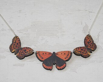 Orange Butterfly Necklace, Statement Necklace, Wood Pendant, Orange Butterfly Illustration, Woodland, Animal Necklace