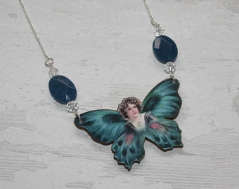 OOAK Blue Butterfly Fairy Necklace, Wooden Butterfly, Illustration Pendant, Animal Necklace, Wood Jewelry