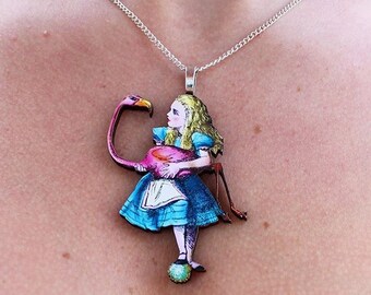 Alice In Wonderland Flamingo Necklace Tenniel Illustration, Wood Jewelry
