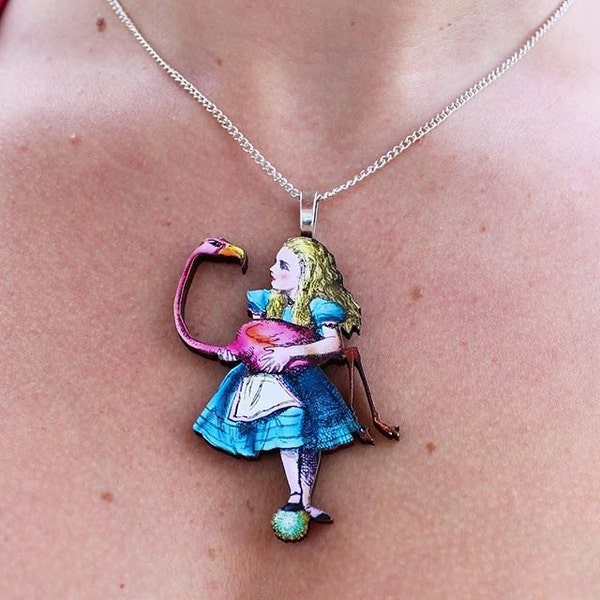 Alice In Wonderland Flamingo Necklace Tenniel Illustration, Wood Jewelry