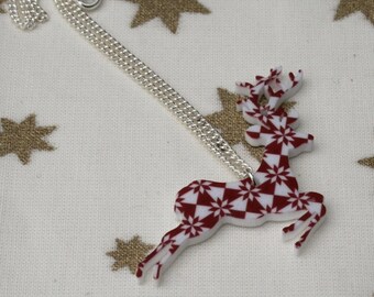 Fair Isle Reindeer Necklace, Christmas Deer Illustration Necklace