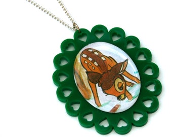 Bambi Necklace, Bambi Illustration Necklace OOAK, Woodland, Animal Necklace, SALE