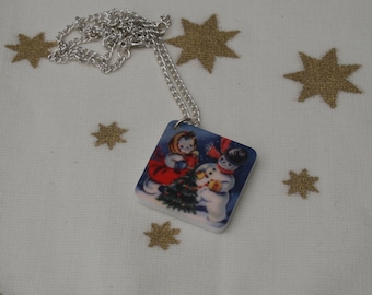 Snowman Necklace, Snowman Illustration Necklace