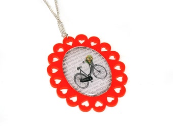 Bicycle Necklace, Bike Illustration Necklace OOAK, Statement Necklace