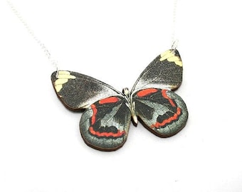 Black & Red Butterfly Necklace, Black Jezebel Necklace, Wood Pendant, Illustration Jewelry, Woodland, Animal Necklace, Wood Jewelry