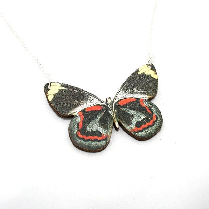 Black & Red Butterfly Necklace, Black Jezebel Necklace, Wood Pendant, Illustration Jewelry, Woodland, Animal Necklace, Wood Jewelry image 1