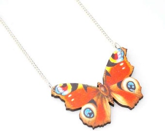 Peacock Butterfly Necklace, Wood Pendant, Illustration Jewelry, Woodland, Animal Necklace, Wood Jewelry