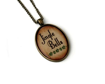 Jingle Bells Necklace, Christmas Song Cameo Necklace, Xmas Illustration, Stocking Stuffer