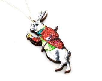 White Rabbit Alice In Wonderland Necklace Tenniel Illustration, Wood Jewelry