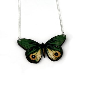 May include: A silver chain necklace with a green and yellow butterfly pendant. The butterfly has a detailed design with black outlines and yellow eyes.