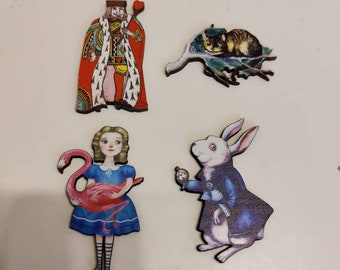 4 x Alice in Wonderland Wooden Brooches - Alice, White Rabbit, Cheshire Cat