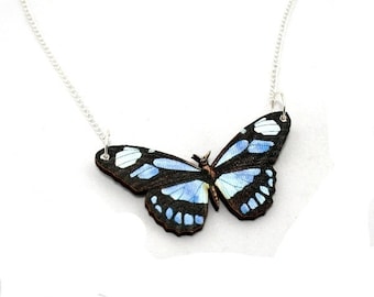 Black & Blue &#39;Dido Longwing&#39; Butterfly Necklace, Wood Pendant, Illustration Jewelry, Woodland, Animal Necklace, Wood Jewelry