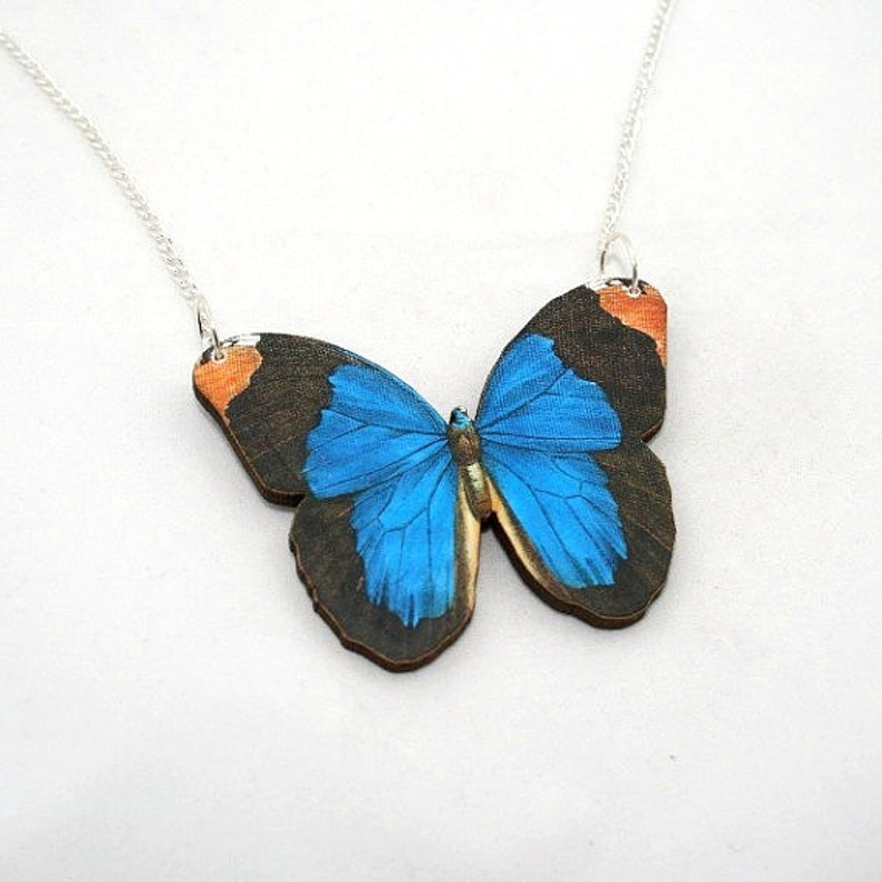 Blue Butterfly Necklace, Wood Pendant, Illustration Jewelry, Woodland, Animal Necklace, Wood Jewelry image 1