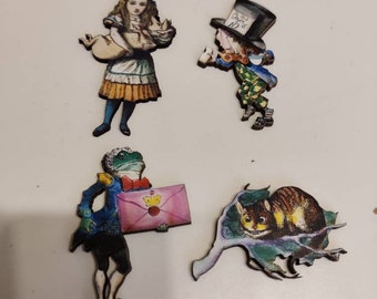 x Alice in Wonderland Wooden Brooches - Alice, Mad Hatter, Cheshire Cat