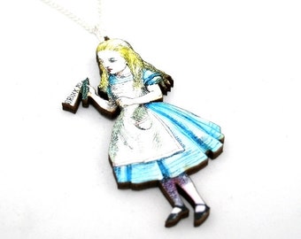 Drink Me Necklace, Alice In Wonderland Necklace, Wood Necklace, Tenniel Illustration, Alice Jewelry, Wood Jewelry