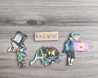 4 x Alice in Wonderland Wooden Brooches - Mad Hatter, Cheshire Cat, Frog Footman