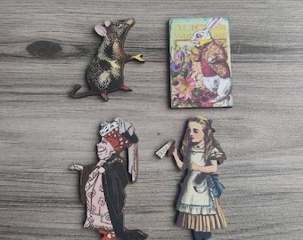 4 x Alice in Wonderland Wooden Brooches - Alice, White Rabbit