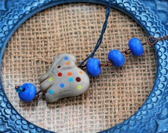 Polka Dot Elephant Necklace, Glass Pendant, Blue Beaded Necklace
