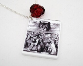 SALE Cheshire Cat Necklace, Tenniel Illustration, Alice In Wonderland