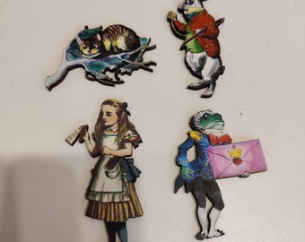 x Alice in Wonderland Wooden Brooches - Alice, Frog Footman, White Rabbit, Cheshire Cat