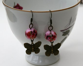 Pink Lampwork Bead and Butterfly Earrings, Butterfly Dangle Earrings