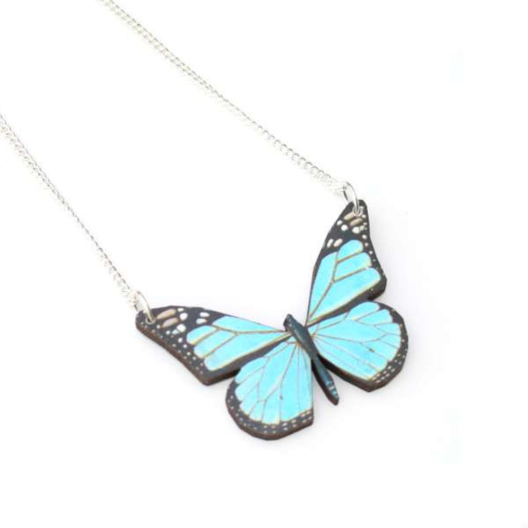 Blue Butterfly Necklace Wood Pendant Illustration Jewelry - Etsy