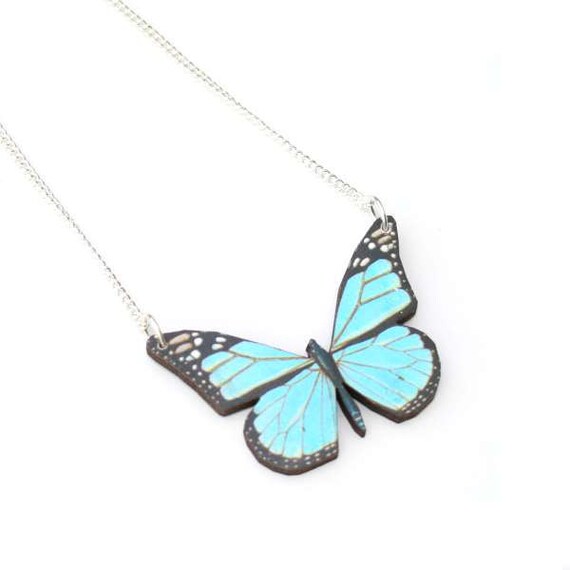 Blue Butterfly Necklace Wood Pendant Illustration Jewelry