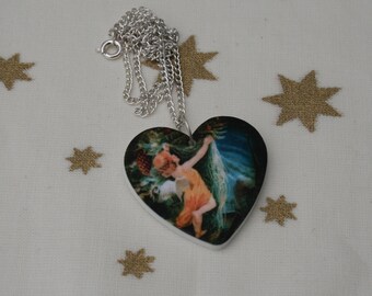 Christmas Necklace, Vintage Angel Illustration Necklace, Heart Necklace